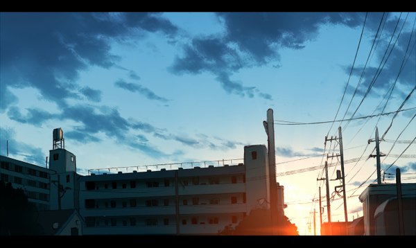 Anime picture 1292x771 with original mogumo wide image sky cloud (clouds) evening sunset landscape building (buildings) wire (wires)