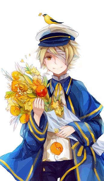 Anime picture 798x1392 with vocaloid oliver james (vocaloid) tokumu kyuu single tall image looking at viewer fringe short hair blonde hair simple background smile white background holding brown eyes bandage over one eye boy flower (flowers) animal bird (birds)