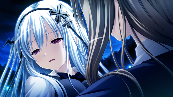 Anime picture 2560x1440 with shinigami no testament vivi alhazerd makita maki long hair highres open mouth red eyes wide image game cg silver hair girl hair ornament