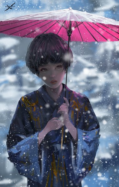 Anime picture 1152x1812 with ghost blade jade (ghost blade) wlop single tall image fringe short hair black hair standing looking away outdoors traditional clothes parted lips head tilt japanese clothes lips wide sleeves grey eyes snowing winter