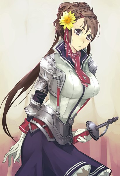 Anime picture 751x1100 with original kibanda gohan single long hair tall image looking at viewer breasts brown hair large breasts standing purple eyes holding hair flower asymmetrical hair knight girl hair ornament flower (flowers) weapon sword
