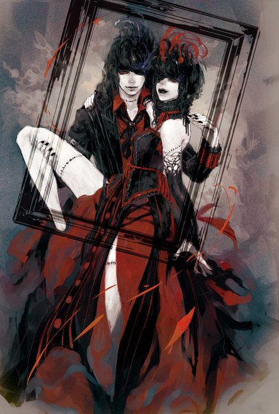 Anime picture 1300x1923 with sound horizon marchen minato.666 tall image looking at viewer short hair black hair red eyes holding nail polish couple hug lipstick scar framed hand on another's shoulder black lipstick girl dress boy