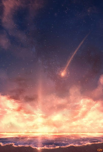 Anime picture 1171x1725 with original czy tall image signed cloud (clouds) night night sky beach lens flare evening sunset horizon no people shooting star water sea star (stars)