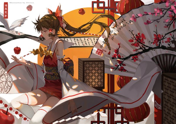 Anime picture 1228x868 with touhou hakurei reimu soulkiller (brz) single long hair fringe red eyes brown hair bare shoulders signed looking away bent knee (knees) ponytail traditional clothes japanese clothes profile wind shadow pantyshot miko