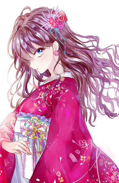 Anime picture 782x1199 with idolmaster idolmaster cinderella girls ichinose shiki ahma single long hair tall image fringe blue eyes simple background white background purple hair upper body traditional clothes japanese clothes profile light smile wavy hair girl hair ornament