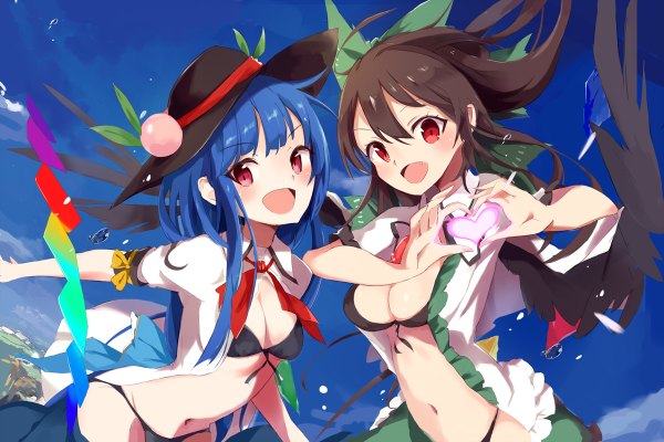 Anime picture 1200x800 with touhou hinanawi tenshi reiuji utsuho tetsurou (fe+) long hair looking at viewer fringe breasts open mouth light erotic smile red eyes brown hair bare shoulders multiple girls blue hair sky cleavage cloud (clouds) ahoge