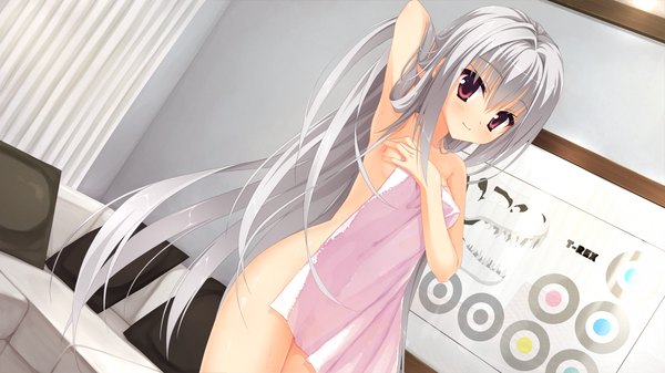 Anime picture 1280x720 with dracu-riot! yuzusoft elena olegovna owen kobuichi long hair blush light erotic red eyes wide image game cg silver hair covering nude cover girl towel