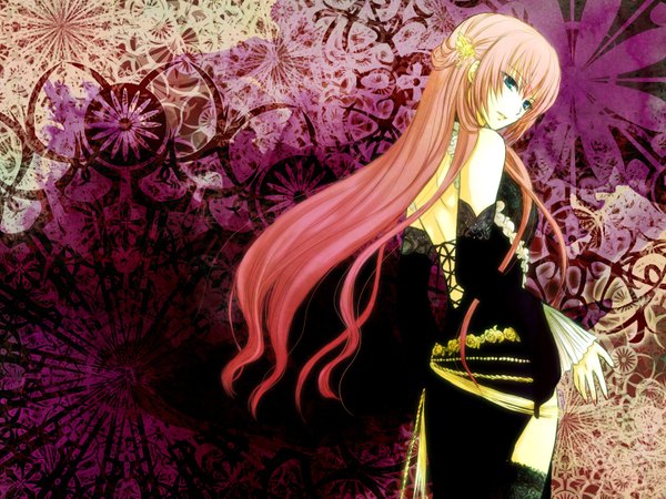 Anime picture 1524x1143 with vocaloid megurine luka hitoha single long hair blue eyes bare shoulders pink hair nail polish girl thighhighs dress hair ornament flower (flowers) black thighhighs detached sleeves hairclip