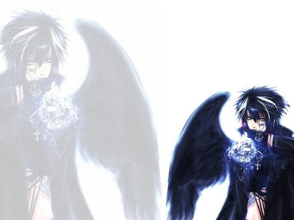 Anime picture 1280x960 with kashin reina short hair black hair simple background white background yellow eyes blue hair white hair tattoo piercing zoom layer angel electricity boy gloves wings jacket bracelet cross skull