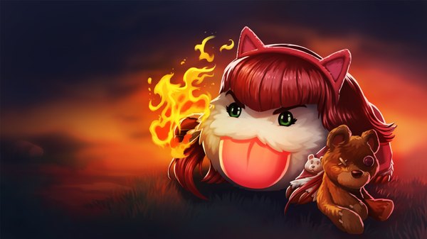 Anime picture 1920x1080 with league of legends annie (league of legends) poro (league of legends) meng rushen ji single long hair fringe highres wide image green eyes animal ears red hair fake animal ears eyebrows cosplay tongue toy fire