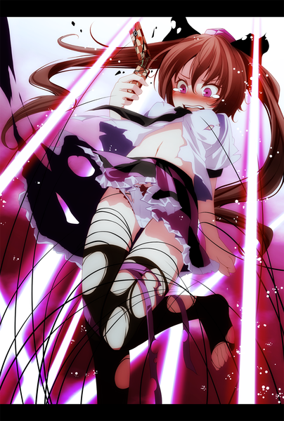 Anime picture 1010x1500 with touhou himekaidou hatate s-syogo single long hair tall image blush light erotic brown hair purple eyes twintails torn clothes girl thighhighs underwear panties hat necktie torn thighhighs phone
