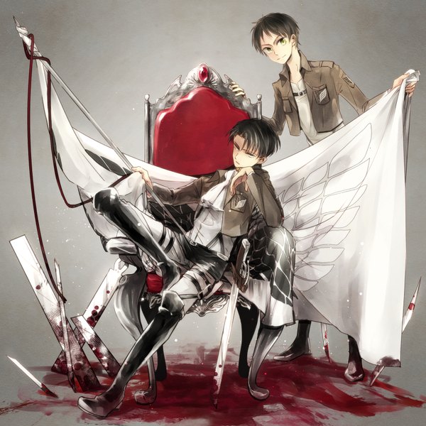 Anime picture 1750x1750 with shingeki no kyojin production i.g eren yaeger levi (rivaille) miloc (sahara) looking at viewer highres short hair blue eyes black hair smile brown hair standing sitting green eyes open clothes open jacket multiple boys boy weapon