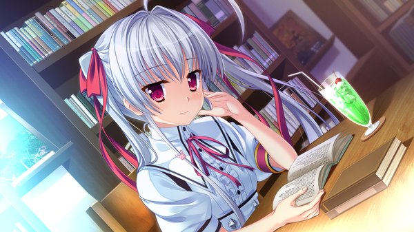 Anime picture 1280x720 with natsu no iro no nostalgia moonstone maniwa shouko yamakaze ran single long hair blush smile red eyes wide image game cg white hair girl uniform ribbon (ribbons) hair ribbon school uniform book (books)