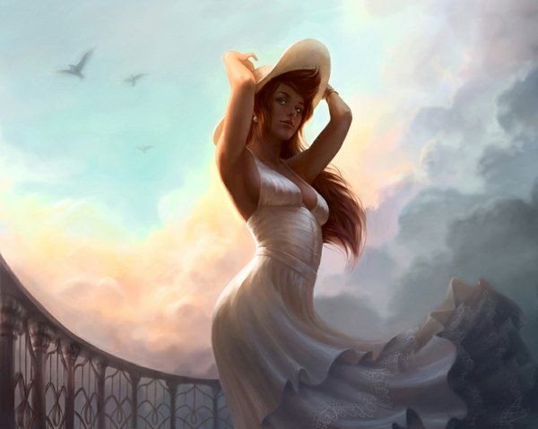 Anime picture 1024x819 with original depingo long hair brown hair sky cloud (clouds) lips black eyes realistic armpit (armpits) girl dress hat earrings animal bird (birds)