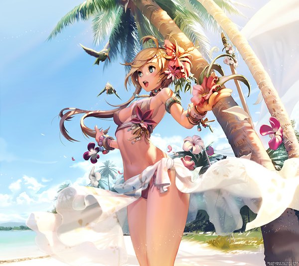Anime picture 1123x1000 with original kkuem single long hair blush open mouth blue eyes light erotic blonde hair standing bare shoulders sky cloud (clouds) hair flower beach girl navel hair ornament flower (flowers) swimsuit