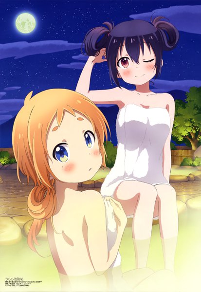 Anime picture 4088x5929 with urara meirochou j.c. staff megami magazine yukimi koume natsume nono murakami yuu long hair tall image looking at viewer blush fringe highres short hair blue eyes light erotic black hair smile hair between eyes red eyes sitting