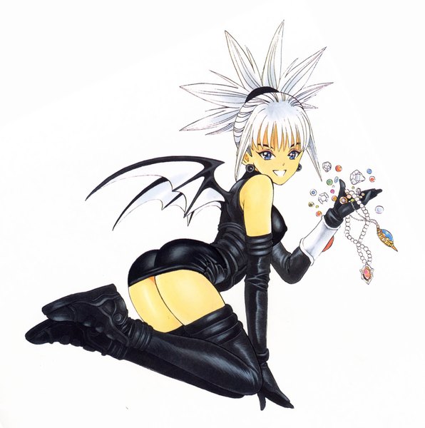 Anime picture 1682x1696 with shadow lady aimi (shadow lady) tall image short hair blue eyes light erotic white background white hair bat wings gloves pantyhose wings elbow gloves jewelry collar