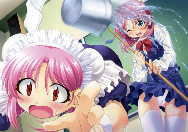 Anime picture 3490x2460 with girls museum (artbook) izumi mahiru blush highres short hair open mouth blue eyes light erotic red eyes multiple girls pink hair absurdres one eye closed wink maid hair bun (hair buns) pantyshot wet clothes falling tripping