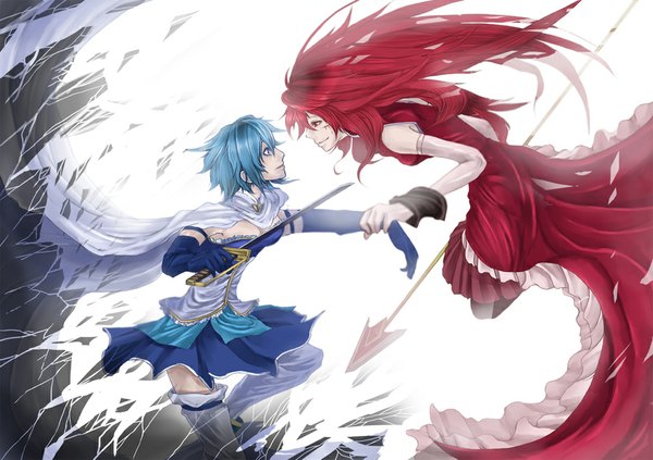 Anime picture 1000x706 with mahou shoujo madoka magica shaft (studio) sakura kyouko miki sayaka rokuban long hair short hair blue eyes red eyes multiple girls blue hair red hair profile battle girl dress gloves weapon 2 girls sword