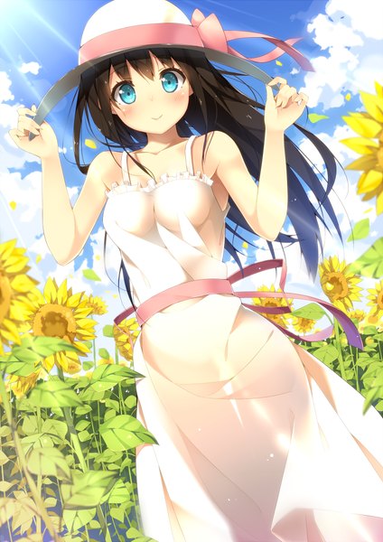 Anime picture 723x1023 with original hatsuki kaname single long hair tall image looking at viewer blush blue eyes black hair girl dress flower (flowers) hat petals sundress sunflower
