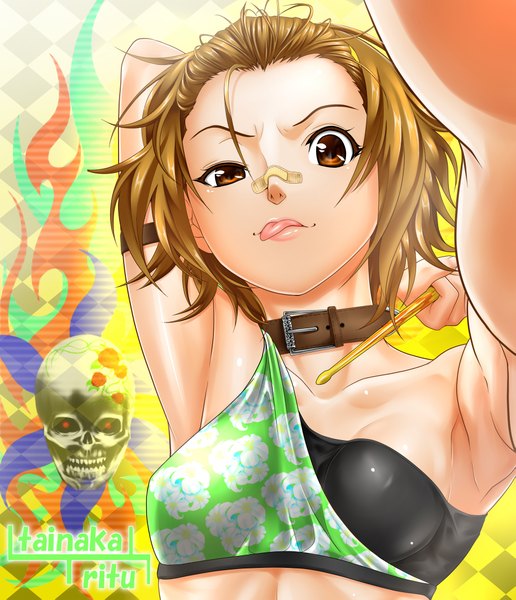 Anime picture 1827x2123 with k-on! kyoto animation tainaka ritsu zucchini single tall image looking at viewer highres short hair red eyes brown hair arms up :p bandaid on nose girl collar skull bandaid