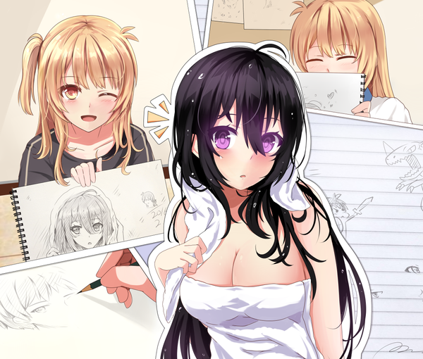Anime picture 1147x975 with original miyaura sanshio cyou shigen beifeng han long hair looking at viewer blush fringe breasts open mouth light erotic black hair blonde hair hair between eyes large breasts bare shoulders multiple girls ahoge parted lips wet