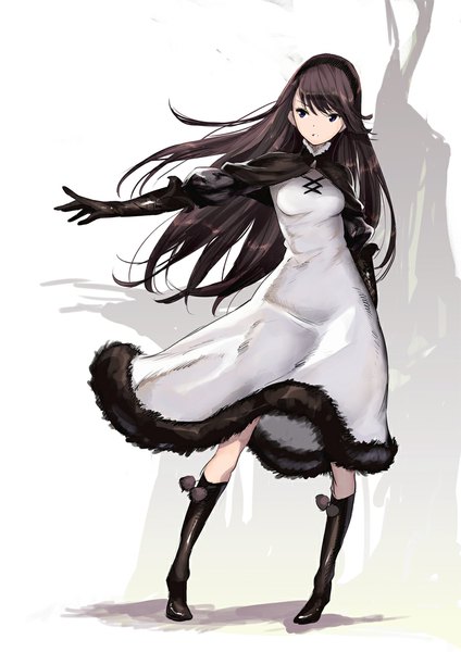 Anime picture 827x1169 with bravely default: flying fairy agnes oblige saitom single long hair tall image brown hair standing white background looking away parted lips black eyes shadow outstretched arm girl dress gloves black gloves elbow gloves hairband