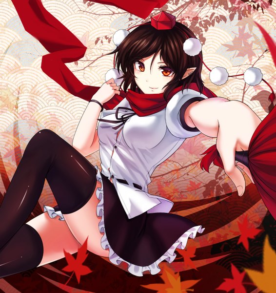 Anime picture 2355x2500 with touhou shameimaru aya koissa single tall image looking at viewer fringe highres short hair breasts smile hair between eyes brown hair holding payot bent knee (knees) arm up pointy ears short sleeves orange eyes