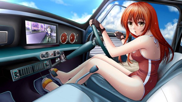 Anime picture 1920x1080 with original ilolamai long hair highres light erotic wide image sitting yellow eyes sky cloud (clouds) red hair wet girl swimsuit fingerless gloves ground vehicle car
