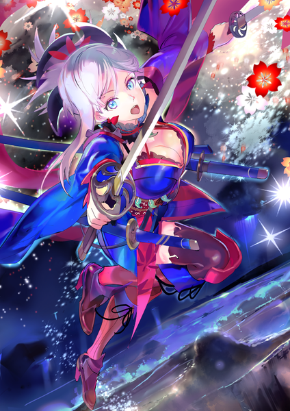 Anime picture 848x1200 with fate (series) fate/grand order miyamoto musashi (fate) 119 single long hair tall image looking at viewer breasts open mouth blue eyes large breasts holding pink hair cleavage traditional clothes japanese clothes wide sleeves sparkle high heels