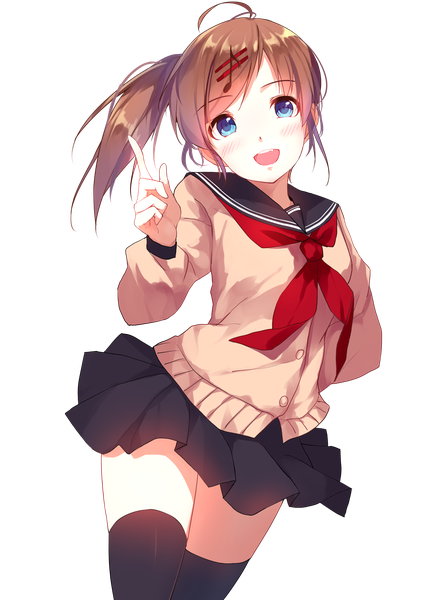Anime picture 3507x4960 with diversity promotions yuzuru (diversity) caidychen single long hair tall image looking at viewer blush highres open mouth blue eyes smile brown hair absurdres ponytail :d pleated skirt zettai ryouiki transparent background girl