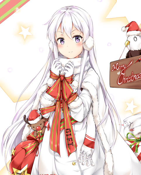 Anime picture 881x1094 with azur lane enterprise (azur lane) enterprise (reindeer master) (azur lane) ikasoke (likerm6au) single long hair tall image looking at viewer blush fringe smile hair between eyes standing purple eyes silver hair inscription alternate costume fur trim christmas merry christmas