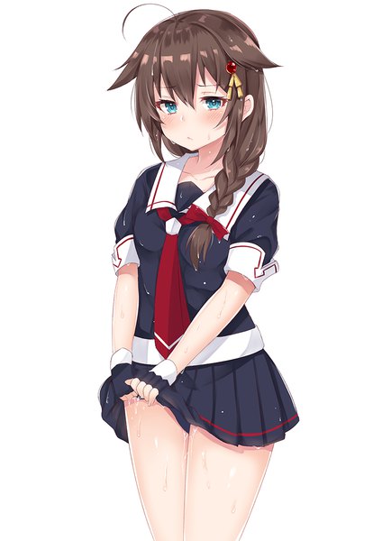 Anime picture 800x1131 with kantai collection shimakaze destroyer coffeedog single tall image looking at viewer blush fringe breasts blue eyes light erotic simple background hair between eyes brown hair standing white background ahoge braid (braids) pleated skirt short sleeves