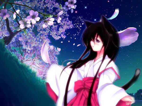 Anime picture 1600x1200 with kagaya animal ears japanese clothes cat girl miko girl petals