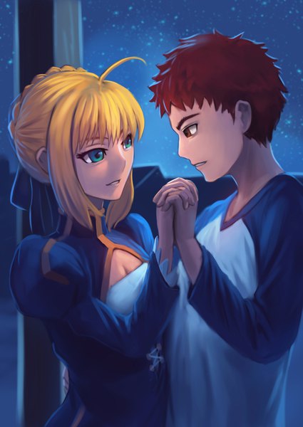 Anime picture 794x1122 with fate (series) fate/stay night artoria pendragon (all) saber emiya shirou fateline alpha tall image fringe short hair breasts blonde hair hair between eyes brown hair standing brown eyes green eyes payot upper body ahoge parted lips