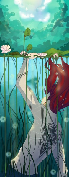 Anime picture 587x1500 with original mrakobulka (artist) single long hair tall image red hair nude tattoo back underwater lake boy flower (flowers) earrings tree (trees) bubble (bubbles) forest hand frog water lily