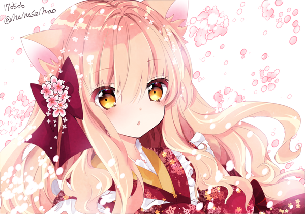 Anime picture 1000x703 with original nanase kureha nanase nao single long hair looking at viewer open mouth simple background blonde hair white background signed animal ears yellow eyes upper body cat ears :o cat girl twitter username floral print dated