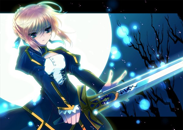 Anime picture 1196x855 with fate (series) fate/stay night fate/zero studio deen type-moon artoria pendragon (all) saber ichiyou moka single short hair blue eyes blonde hair bare tree girl weapon sword moon