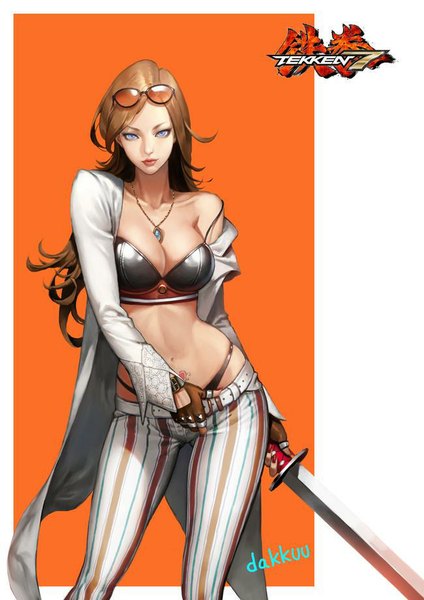 Anime picture 650x919 with tekken tekken 7 namco (studio) katarina alves dakkuu single long hair tall image looking at viewer breasts blue eyes light erotic brown hair standing bare shoulders holding signed light smile bare belly tattoo