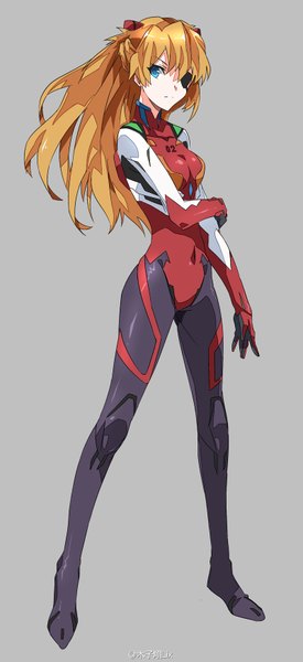 Anime picture 800x1742 with neon genesis evangelion rebuild of evangelion gainax soryu asuka langley zhuxiao517 single long hair tall image looking at viewer blue eyes simple background orange hair grey background gray background girl eyepatch pilot suit