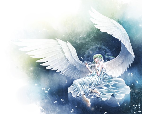 Anime picture 1798x1446 with akezu single long hair highres barefoot green hair wallpaper reclining angel wings girl