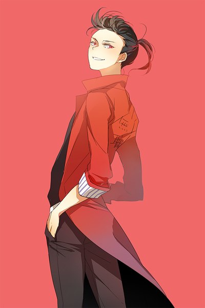 Anime picture 690x1034 with osomatsu-san matsuno osomatsu eyokiki single tall image fringe black hair simple background smile red eyes looking away ponytail red hair looking back multicolored hair alternate costume gradient hair alternate hairstyle red background hands in pockets