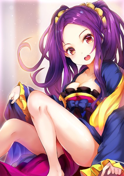 Anime picture 700x990 with fate (series) fate/grand order wu zetian (fate/grand order) umagenzin single long hair tall image looking at viewer breasts open mouth light erotic sitting twintails brown eyes cleavage purple hair traditional clothes chinese clothes girl