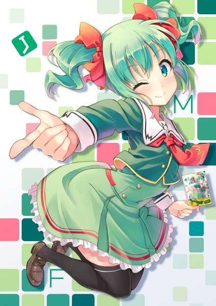 Anime picture 848x1200 with original hyuuga azuri single long hair tall image smile green eyes one eye closed green hair wink zettai ryouiki girl thighhighs dress bow black thighhighs hair bow
