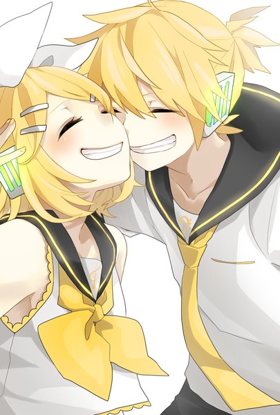 Anime picture 1181x1748 with vocaloid kagamine rin kagamine len kuronyanko tall image blush short hair blonde hair smile bare shoulders eyes closed nail polish happy siblings twins brother and sister yellow nail polish girl boy hair ornament