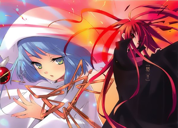 Anime picture 1664x1200 with shakugan no shana j.c. staff shana hecate itou noiji long hair looking at viewer short hair red eyes multiple girls green eyes blue hair red hair girl 2 girls cloak cap