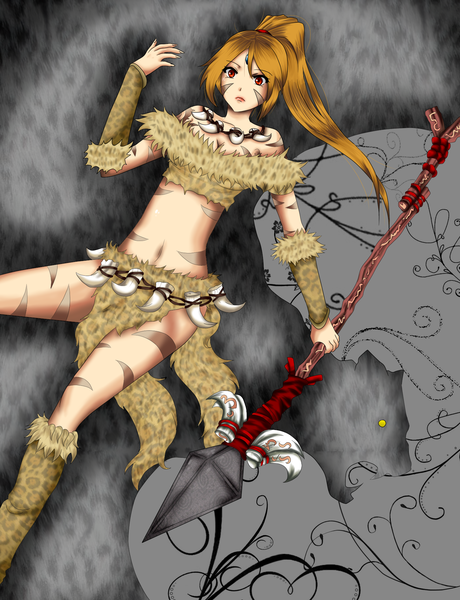 Anime picture 1447x1885 with league of legends nidalee (league of legends) saki-kagurazaki single long hair tall image looking at viewer red eyes brown hair ponytail teeth midriff fang (fangs) tattoo girl navel weapon necklace spear