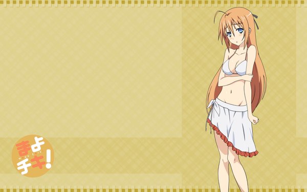 Anime picture 1920x1200 with mayo chiki! feel (studio) konoe subaru single long hair blush highres blue eyes simple background wide image ahoge orange hair holding arm girl swimsuit bikini top