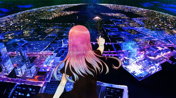 Anime picture 1280x720 with original furai (furai127) long hair wide image pink hair night sky city cityscape river star (stars) paper airplane