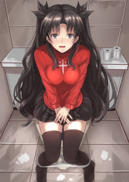 Anime picture 1700x2404 with fate (series) fate/stay night type-moon toosaka rin wenhe single long hair tall image looking at viewer blush fringe breasts open mouth blue eyes light erotic sitting twintails pleated skirt from above embarrassed